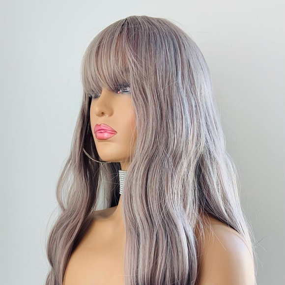 A Very Pretty 22” Ash Berry Color Synthetic Wig with Bangs / “Put On & Go” - Picture 6 of 11